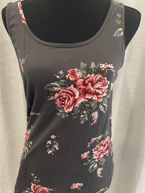 Floral Scoop Neck Tank Top - Charcoal Grey with Pink Coral Print